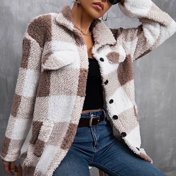 Cozy White Brown Plaid Teddy Button up Jacket Coat - Picture 3 of 4